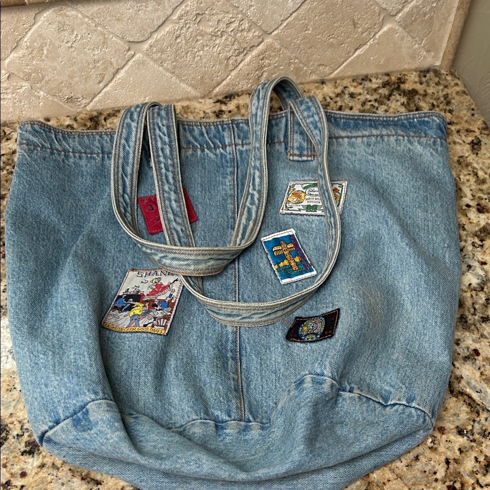 Vintage Hand Crafted Denim Tote with Colorful Patches - Picture 3 of 15